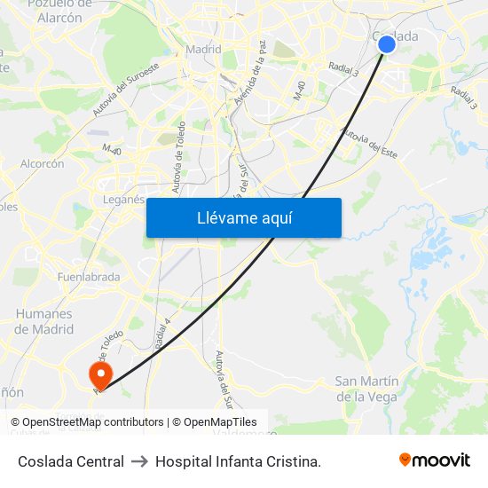 Coslada Central to Hospital Infanta Cristina. map