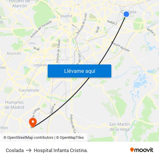 Coslada to Hospital Infanta Cristina. map