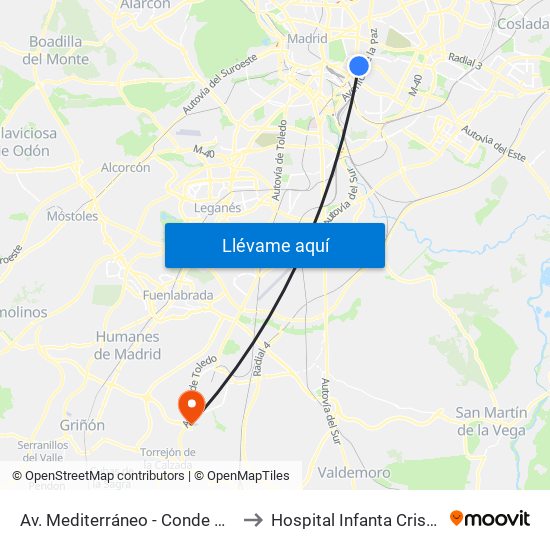 Av. Mediterráneo - Conde Casal to Hospital Infanta Cristina. map