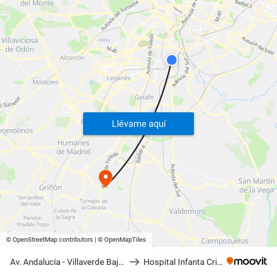 Av. Andalucía - Villaverde Bajo Cruce to Hospital Infanta Cristina. map