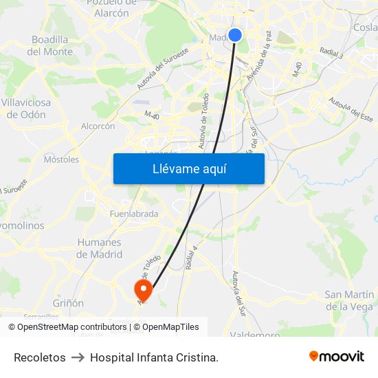 Recoletos to Hospital Infanta Cristina. map