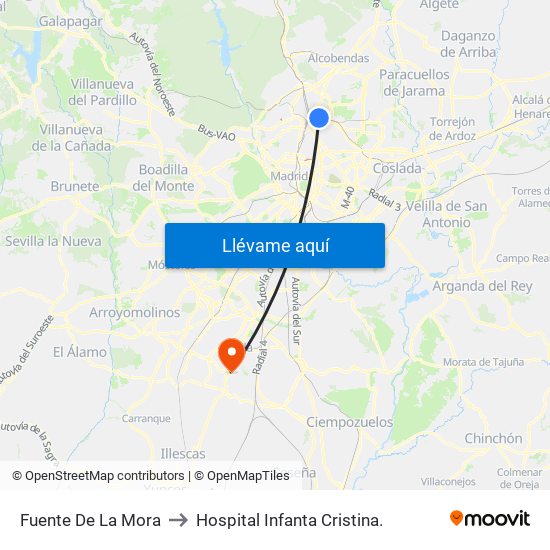 Fuente De La Mora to Hospital Infanta Cristina. map