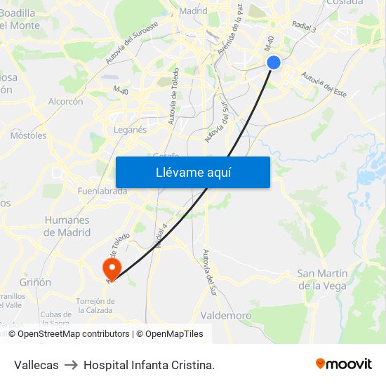 Vallecas to Hospital Infanta Cristina. map