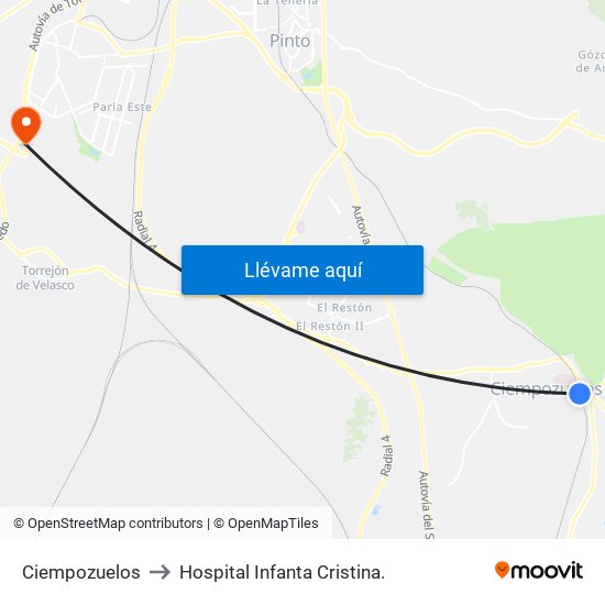 Ciempozuelos to Hospital Infanta Cristina. map