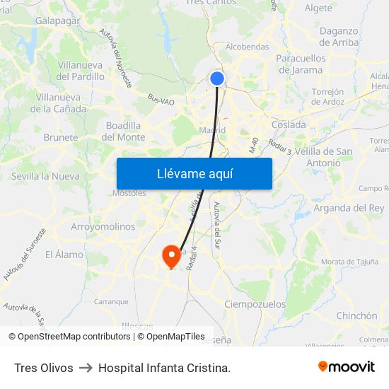 Tres Olivos to Hospital Infanta Cristina. map