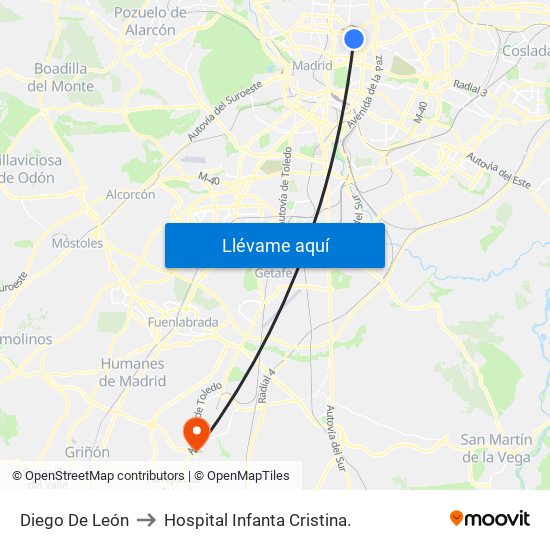 Diego De León to Hospital Infanta Cristina. map