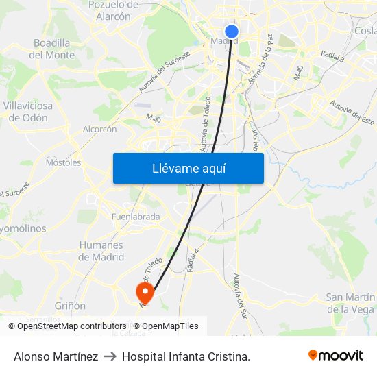 Alonso Martínez to Hospital Infanta Cristina. map