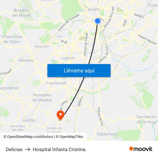 Delicias to Hospital Infanta Cristina. map