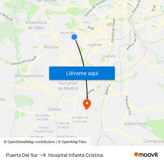 Puerta Del Sur to Hospital Infanta Cristina. map