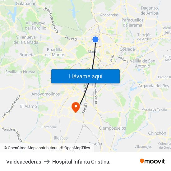 Valdeacederas to Hospital Infanta Cristina. map