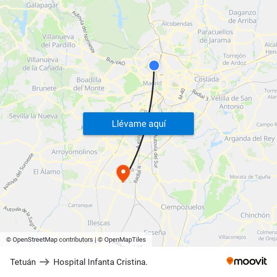 Tetuán to Hospital Infanta Cristina. map