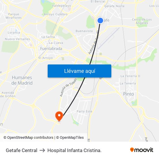 Getafe Central to Hospital Infanta Cristina. map