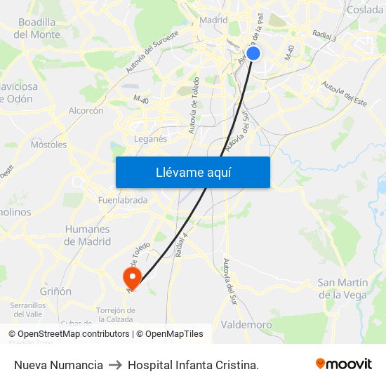 Nueva Numancia to Hospital Infanta Cristina. map