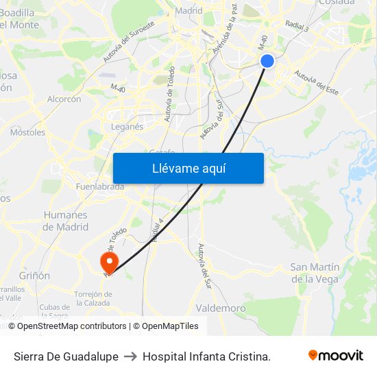 Sierra De Guadalupe to Hospital Infanta Cristina. map