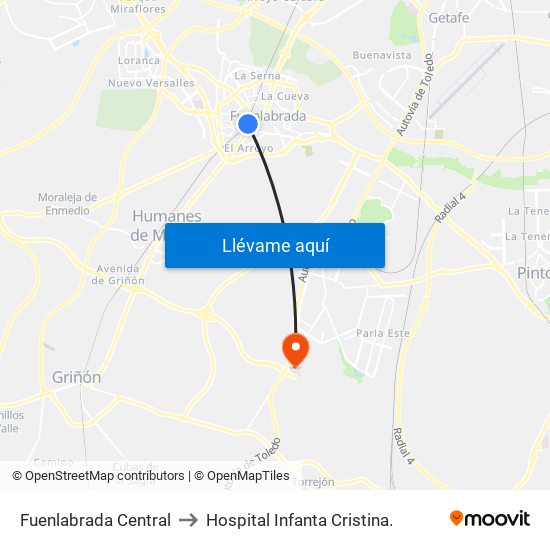 Fuenlabrada Central to Hospital Infanta Cristina. map