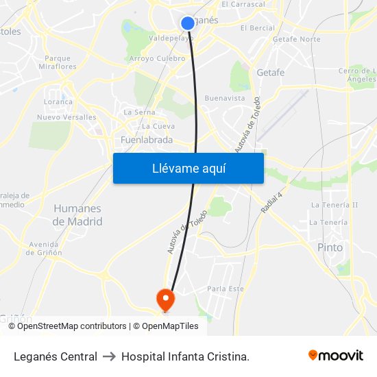 Leganés Central to Hospital Infanta Cristina. map