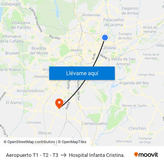 Aeropuerto T1 - T2 - T3 to Hospital Infanta Cristina. map