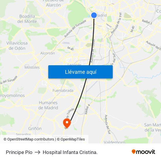 Príncipe Pío to Hospital Infanta Cristina. map
