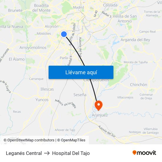 Leganés Central to Hospital Del Tajo map