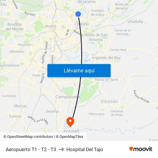 Aeropuerto T1 - T2 - T3 to Hospital Del Tajo map