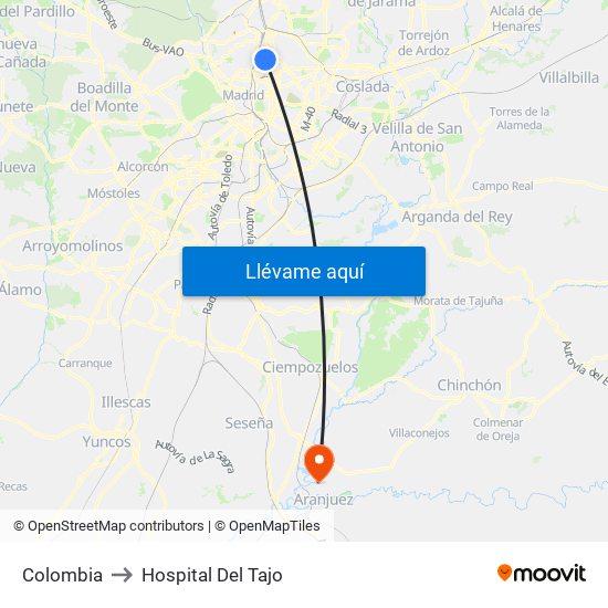 Colombia to Hospital Del Tajo map