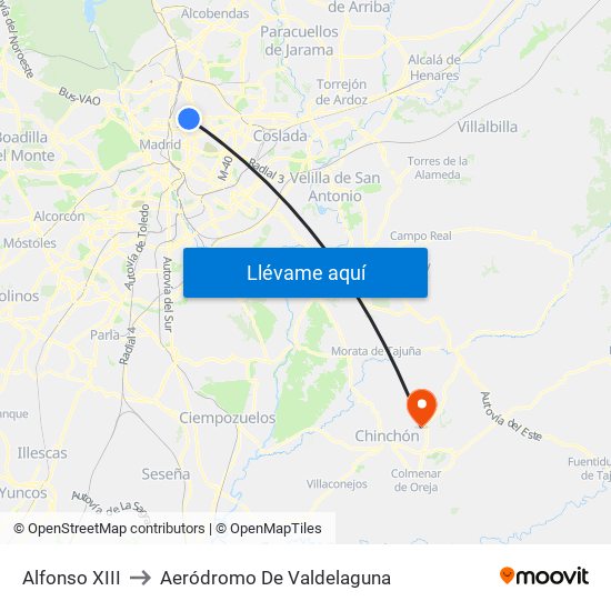 Alfonso XIII to Aeródromo De Valdelaguna map