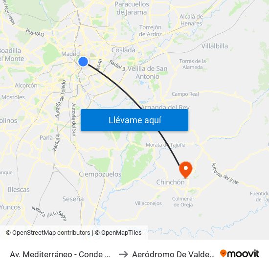 Av. Mediterráneo - Conde De Casal to Aeródromo De Valdelaguna map