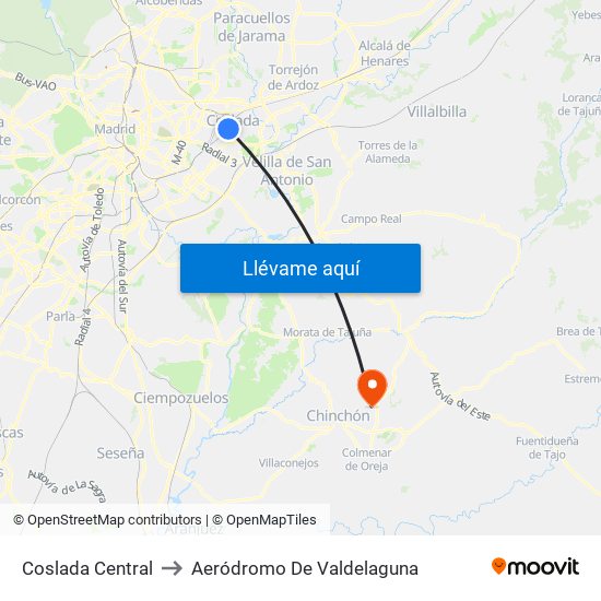 Coslada Central to Aeródromo De Valdelaguna map