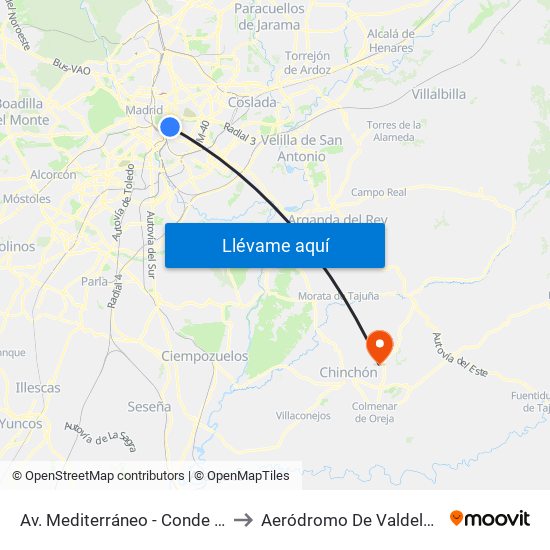 Av. Mediterráneo - Conde Casal to Aeródromo De Valdelaguna map