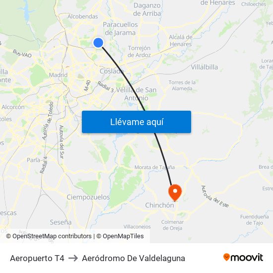 Aeropuerto T4 to Aeródromo De Valdelaguna map