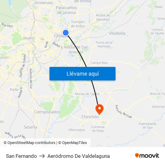 San Fernando to Aeródromo De Valdelaguna map