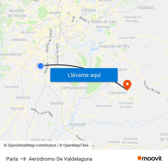 Parla to Aeródromo De Valdelaguna map