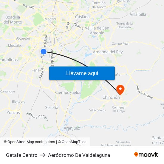 Getafe Centro to Aeródromo De Valdelaguna map