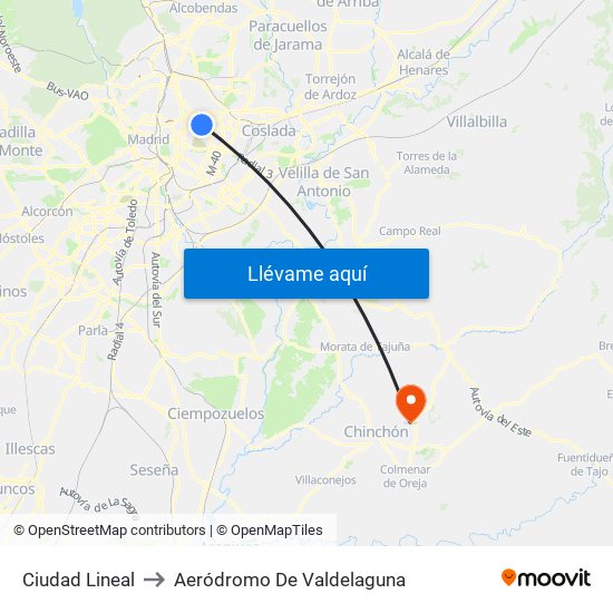 Ciudad Lineal to Aeródromo De Valdelaguna map