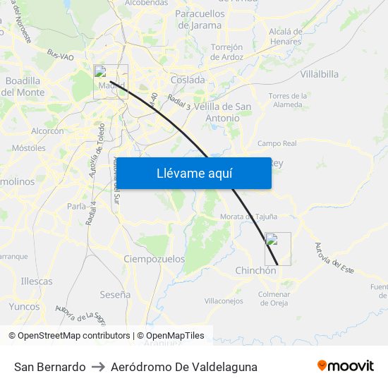 San Bernardo to Aeródromo De Valdelaguna map