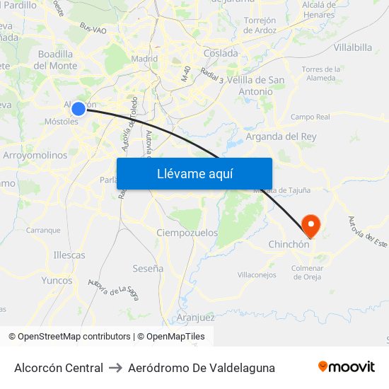 Alcorcón Central to Aeródromo De Valdelaguna map