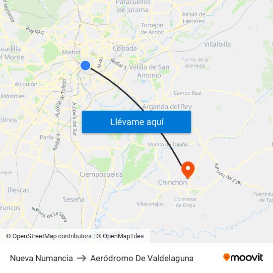 Nueva Numancia to Aeródromo De Valdelaguna map