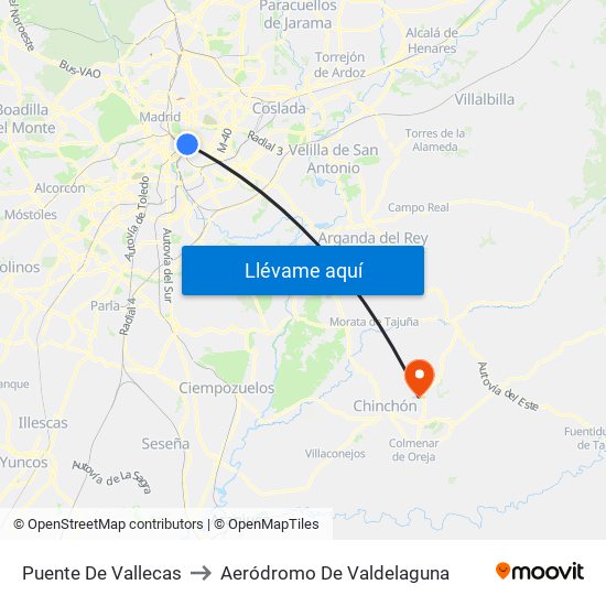 Puente De Vallecas to Aeródromo De Valdelaguna map