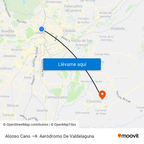 Alonso Cano to Aeródromo De Valdelaguna map