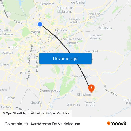Colombia to Aeródromo De Valdelaguna map