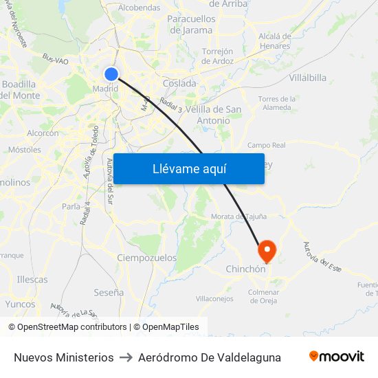 Nuevos Ministerios to Aeródromo De Valdelaguna map