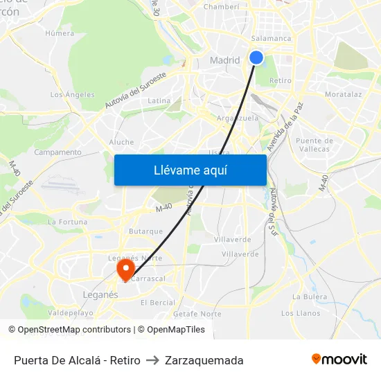 Puerta De Alcalá - Retiro to Zarzaquemada map