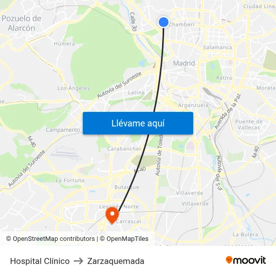 Hospital Clínico to Zarzaquemada map