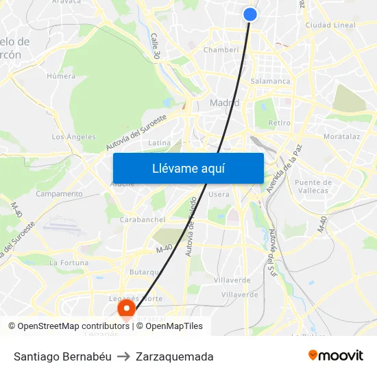 Santiago Bernabéu to Zarzaquemada map