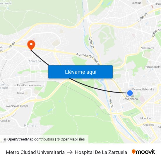 Metro Ciudad Universitaria to Hospital De La Zarzuela map