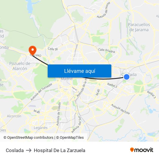Coslada to Hospital De La Zarzuela map