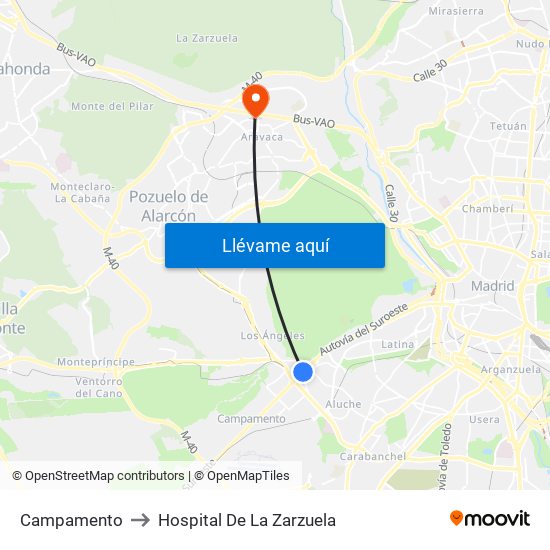 Campamento to Hospital De La Zarzuela map