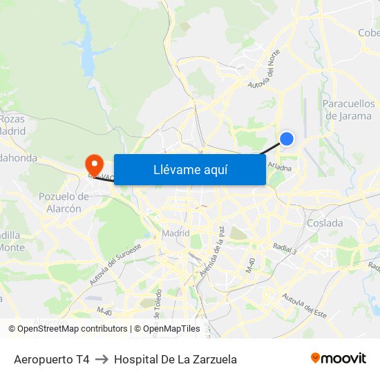 Aeropuerto T4 to Hospital De La Zarzuela map