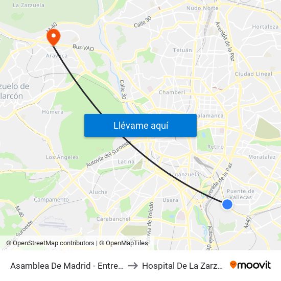 Asamblea De Madrid - Entrevías to Hospital De La Zarzuela map
