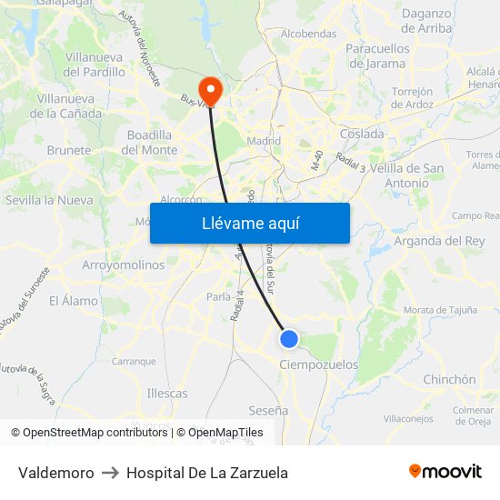 Valdemoro to Hospital De La Zarzuela map